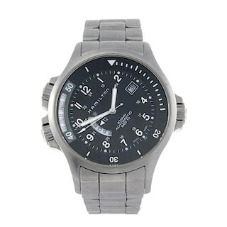 HAMILTON - a gentleman's Khaki GMT wrist watch. Stainless steel case with exhibition case back. Numb