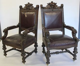 Antique Of Horner (Attrib) Carved Oak Arm Chairs