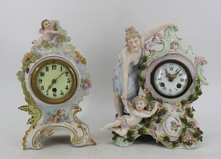 2 Antique Meissen Style Porcelain Clocks