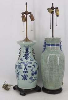(2) Chinese? Celadon Blue and White Vases.