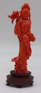 Chinese Carved Coral Standing Quan Yin.