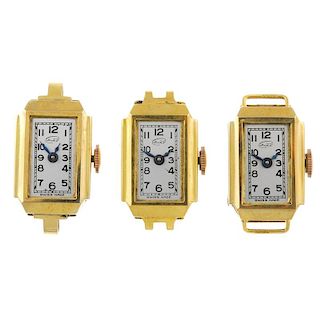 A small group of three manual wind watch heads. All yellow metal examples. All recommended for spare