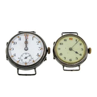 A pair of silver trench style watch heads, both with manual wind movements. Recommended for spares a