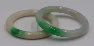 (2) White and Green Jade Bangle Bracelets.