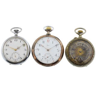 A group of six pocket watches, to include three continental white metal examples. All recommended fo