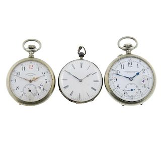 A group of six pocket watches, to include a continental white metal examples. All recommended for sp