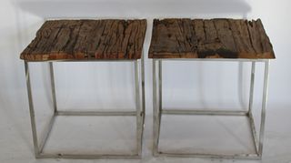 A Vintage Pair Of Chrome Tables With Rustic Wood