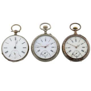 A group of five pocket watches and a watch head, to include two continental white metal examples. Al