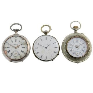 A group of six pocket watches, to include three continental white metal examples. All recommended fo