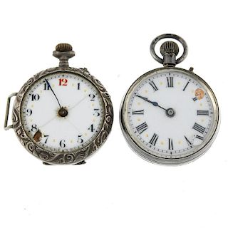 A group of three fob watches and a lady's trench style wrist watch, to include two silver and two co