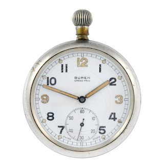 An open face military issue pocket watch by Buren. Base metal case. Numbered H14954 with British bro