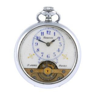 An open face eight day pocket watch by Hebdomas. Base metal case. Keyless wind movement with club to