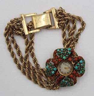 JEWELRY. Lady's 14kt Gold Turquoise & Coral Watch.