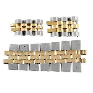 A group of four bi-metal Rolex bracelet sections together with a selection of bi-colour watch parts,