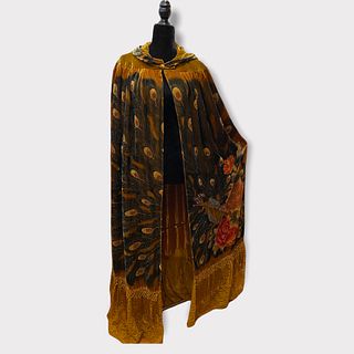 Exceptional Nouveau-Style DICROCHET Velvet Beaded Peacock Statement Cape Coat 