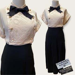 Vintage CHANEL Classic Quilted Silk Bow Blouse & Black Skirt 