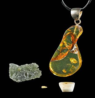 4 Minerals & Stones, Moldavite, Amber Necklace, & Gold