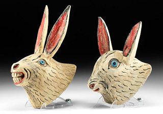 1940s Mexican Polychrome Wood Rabbit Carvings (2)