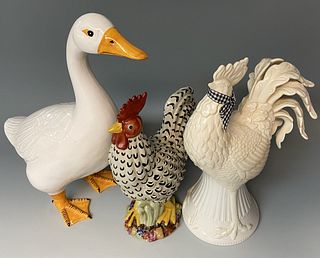 Two Ceramic Chickens and a Goose