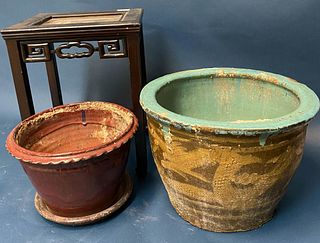 Chinese and Redware Planters and Stand.