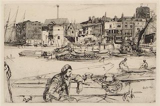 James Abbott McNeill Whistler, (American, 1834-1903), Old Westminster Bridge (from the Thames set) and Black Lion Wharf (a pair