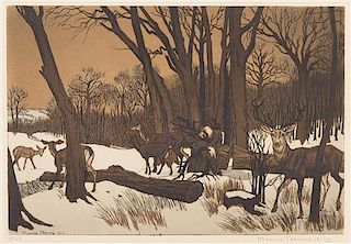 Maurice Taquoy, (French, 1878-1952), Deer and Fallen Trees in a Snowy Landscape, 1911