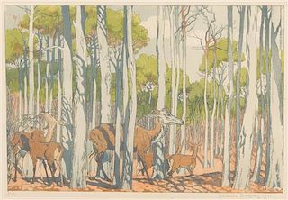 Maurice Taquoy, (French, 1878-1952), Deer Eating in a Forest, 1911