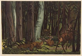 Maurice Taquoy, (French, 1878-1952), Deer Resting in a Forest at Dark, 1911