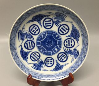 CHINESE BLUE AND WHITE PORCELAIN PLATE ,HAND PAINTED CRANE , D 15CM 
