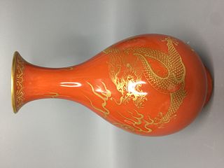 CHINESE CORAL GROUND VASE , HAND PAINTED DRAGON. H22CM