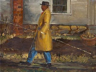* Clyde Singer, (American, 1908-1998), Man in Overcoat with Fishing Pole, 1933