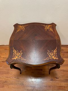 Petite French Inlaid Side Table w Gold Ormolu 