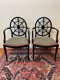 Pair Ebony Black Spider Back Arm Chairs