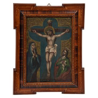 ANÓNIMO. La crucifixión. México, SXIX. Óleo sobre tela. 31 x 21 cm. Enmarcado.