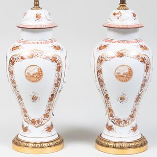 Pair of Chinese Export Style Porcelain Vases and Covers Mounted as Lamps