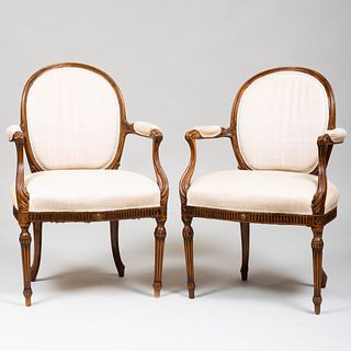 Pair of George III Style Provincial Walnut Open Armchairs