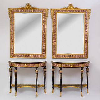 Pair of Italian Neoclassical Style Gilt-Bronze-Mounted Persian Enamel Mirrors and Consoles