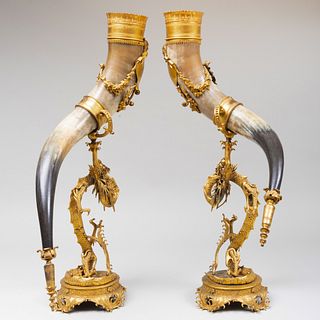 Pair of Gilt Metal Mounted Horn Vessels
