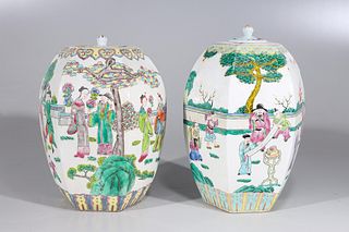 Two Chinese Enameled Porcelain Covered Jars