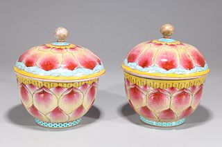 Pair of Chinese Enameled Porcelain Covered Bowls