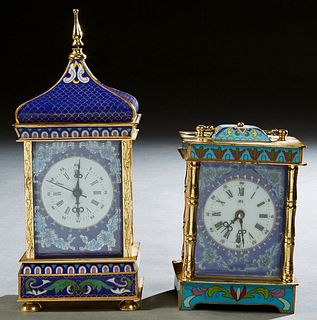 Group of Two Diminutive Chinese Brass and Cloisonne Mantel Clocks, 20th c., one of carriage clock form, time and strike; the other of peaked form, tim