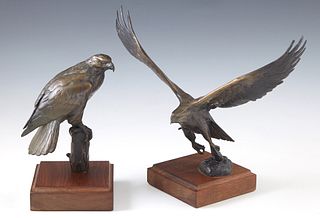 Chester Comstock, "Perched Eagle," and "Flying Eagle," two bronze figures, 1983, both signed, one dated, on a stepped square mahogany base, Flying- H.