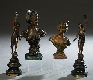 Group of Four Cabinet Figures, 20th c., consisting of a pair of patinated spelter examples, "La Force," and "Le Pouvoir," on stepped circular ebonized