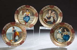 Set of Four Royal Vienna Style Cabinet Plates, 20th c., with gilt relief and magenta borders around transfer reserves of women, each with a blue beehi