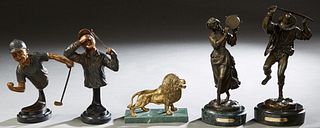 Group of Five Cabinet Bronzes, 20th c., all on marble bases, consisting of two Bavarian Dancers, after Gregoire; a gilt lion rampant; and two whimsica