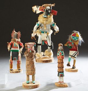 Group of Five Kachina Dolls, 20th c., one of Shalako, by R. White; one of owl, signed R. B.; one of black Orgo; another Shalako by Ken Jones; and one 