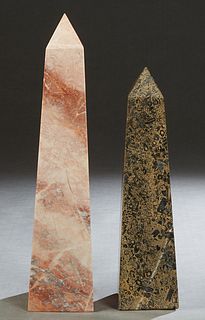 Two Marble Obelisks, 20th c., one of figured pink marble, the other figured brown marble, Pink- H.- 20 in., W.- 4 1/2 in., D.- 4 1/2 in. Provenance: P