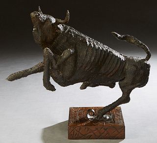 Strada Piero (1932-2015), "Galloping Bull," 1969, patinated iron, on a metal base on a wood plinth, H.- 18 1/2 in., W.- 22 in., D.- 8 1/2 in. Provenan