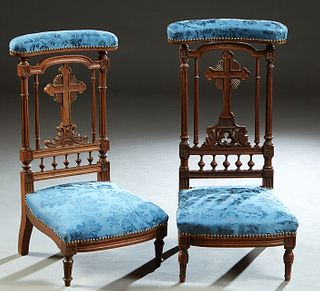 Near Pair of French Louis XVI Style Carved Cherry Prie Dieus, 19th c., curved cushioned armrest over a cruciform back splat, flanked by turned tapered