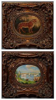 Two Oils on Canvas, "Tiger," and "View of a Sailboat on the River," 20th c., each presented in a gilt frame, H.- 7 1/4 in., W.- 9 1/2 in., Framed H.- 